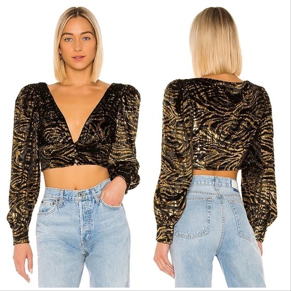 Grlfrnd Black & Gold Moreen Cropped Blouse Medium - Picture 2 of 8